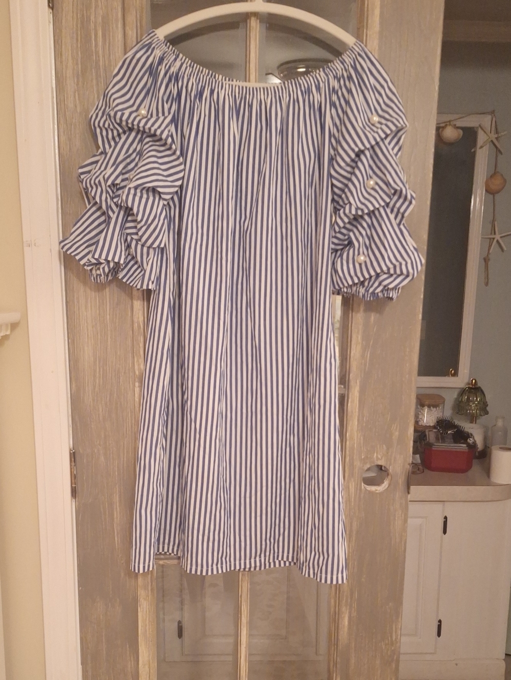 Off-Shoulder Blue and White Striped Midi Dress